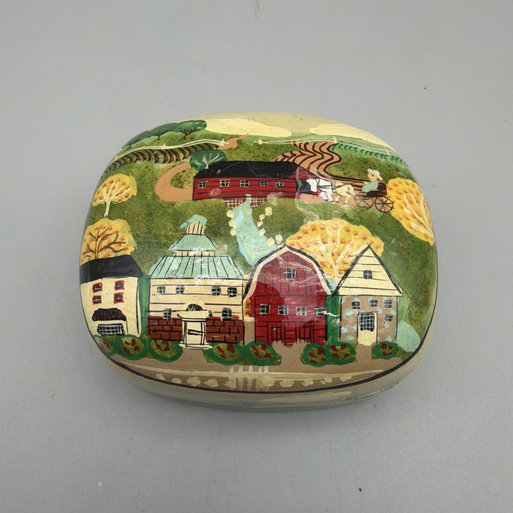 Vintage Kashmir India Hand Painted Paper Mache Trinket Box Folk Art 3"